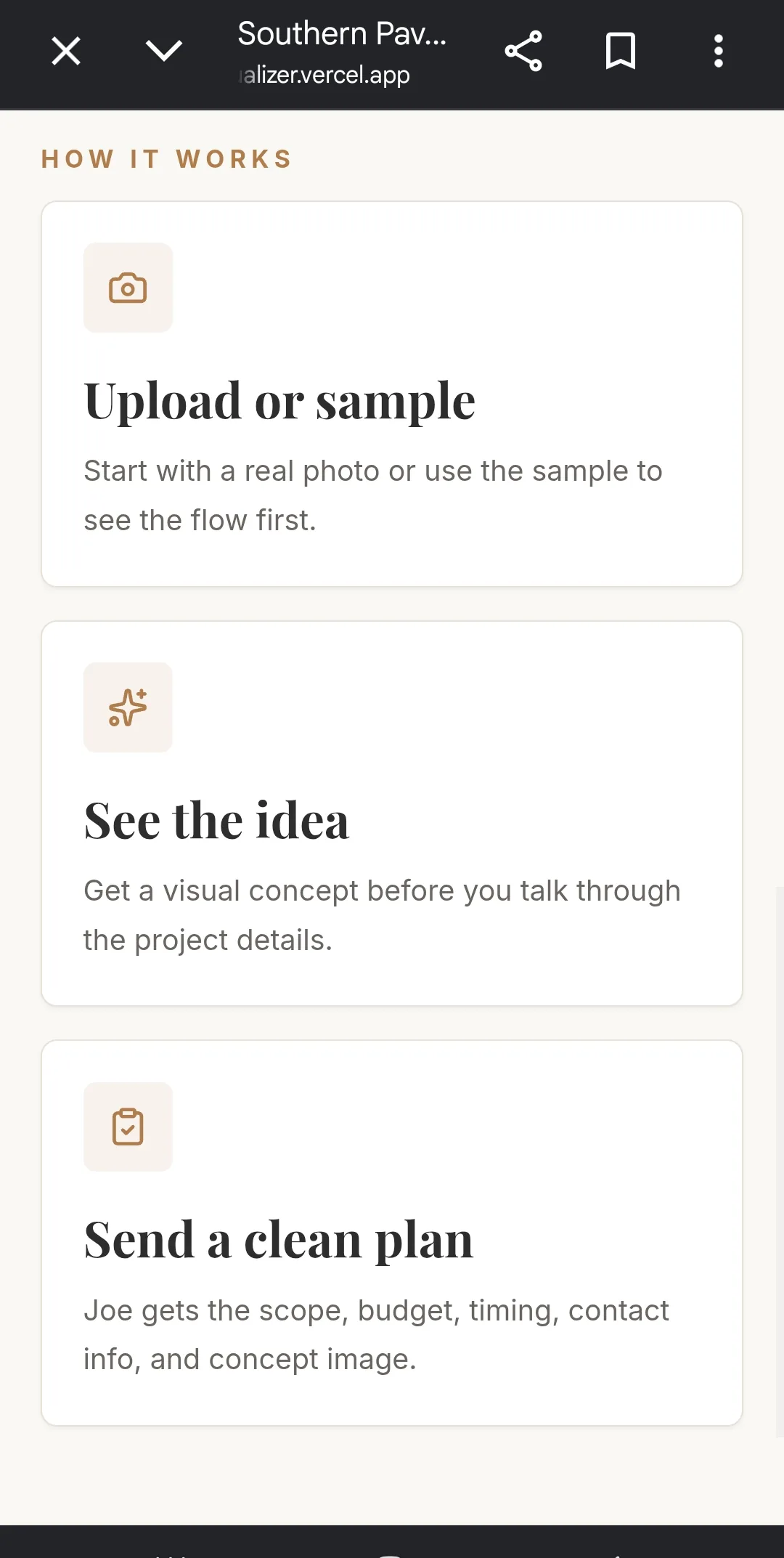 Southern Pavers visualizer 'How it works': upload or sample, see the idea, send a clean plan