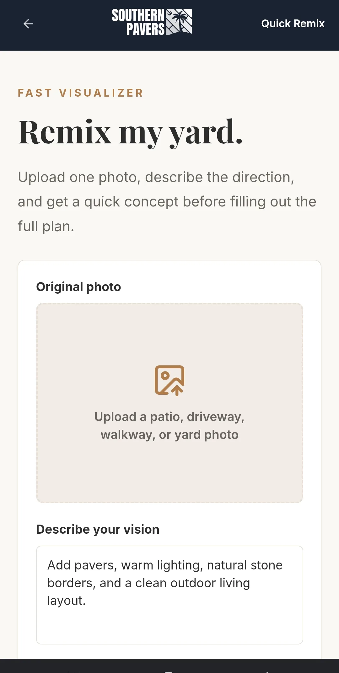 Southern Pavers AI visualizer 'Remix my yard' screen: upload a yard photo and describe your vision